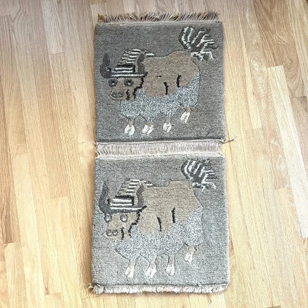 Mid Century Modern Wool Rug Wall Hanging Ox Water Buffalo with a Striped…